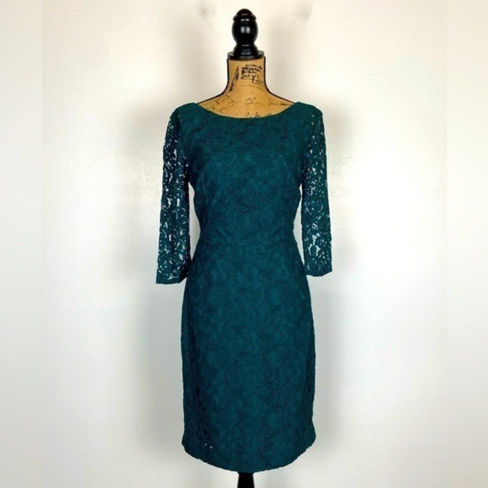 J. Crew Lace Long Sleeves Shift Dress Size 12 Green Feminine Romantic Midi Dress